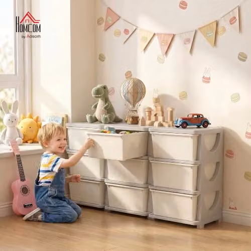 HOMCOM 3-Tier Plastic Kids Toy Storage Unit with 9 Drawers in Cream – 2