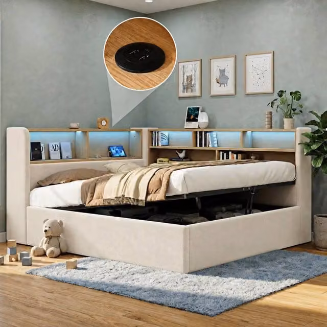 ModernLuxe Double L-shaped Ottoman Daybed with LED Storage Headboard in Beige Velvet Fabric, W/D/H: 140 x 200 cm