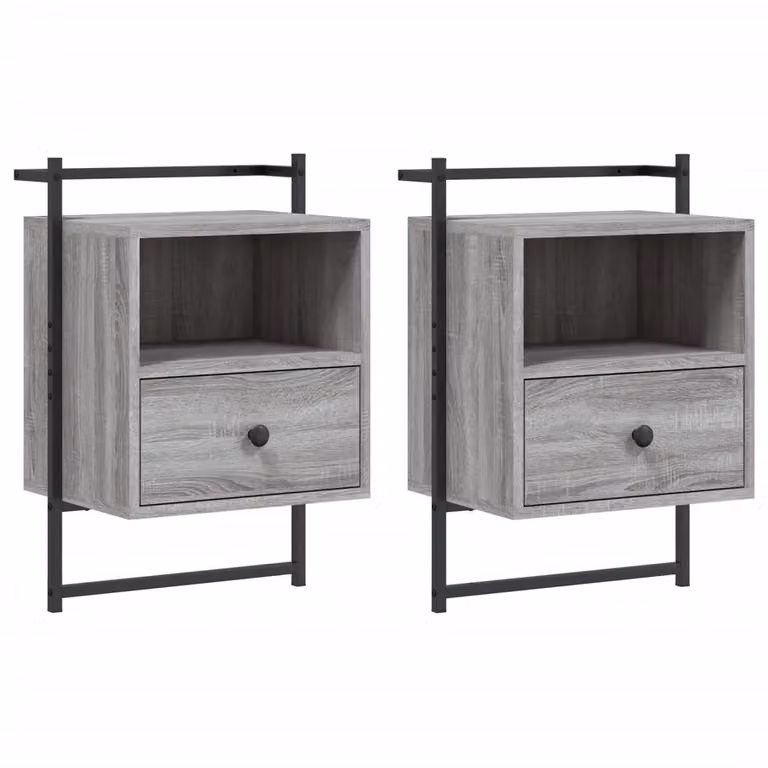 Berkfield Home Set of 2 Wall-mounted Bedside Cabinets in Grey Sonoma, W/D/H: 40 x 30 x 61 cm