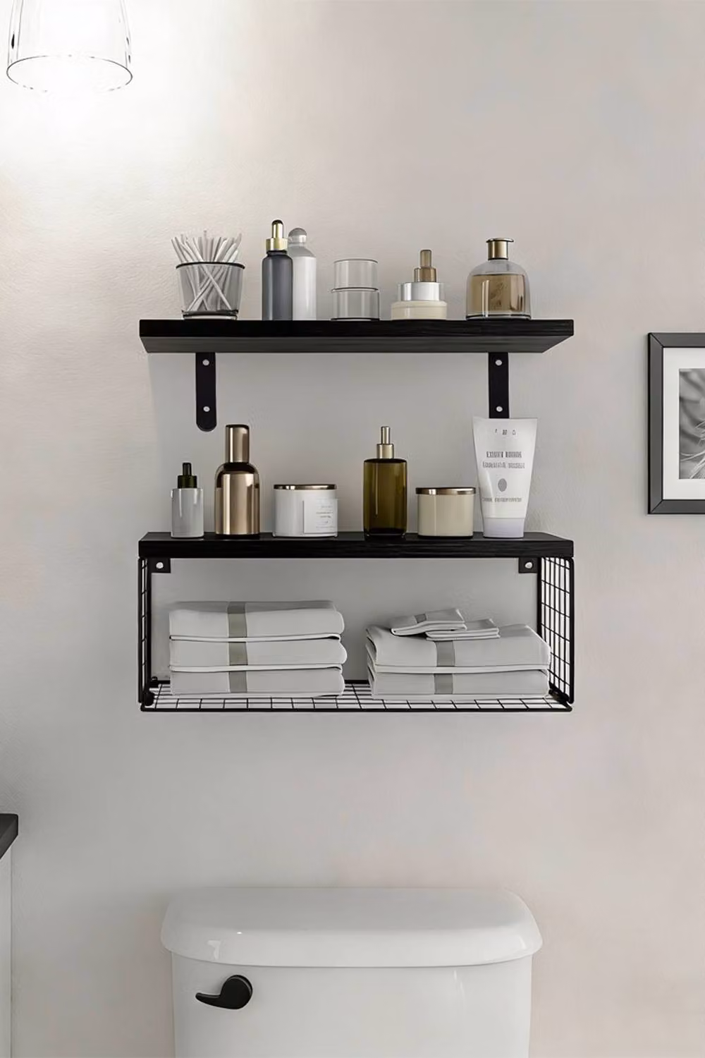 Living and Home 3-Tier Wall-Mounted Floating Shelves with Wire Storage Basket in Matt Black – 4