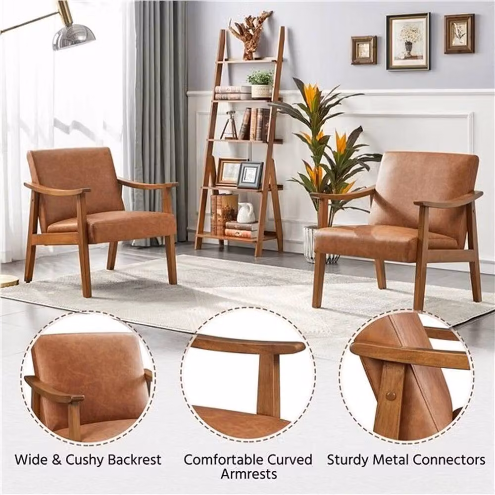 Kelvenix Mid-Century Faux Leather Armchair in Brown with Solid Wood Legs – 4