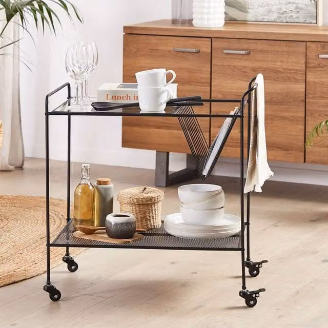 Wyld and Coco Black Kitchen Trolley with Tempered Glass Top and Metal Frame