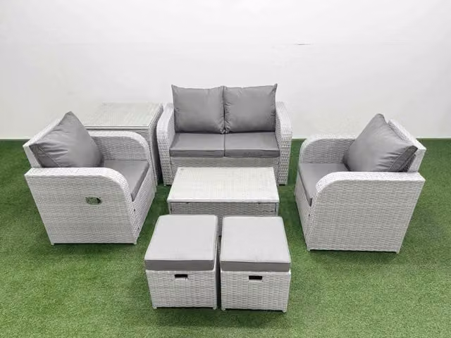 Fimous 6 Seater Grey PE Wicker Rattan Garden Furniture Set with Upholstered Cushions, 2 Seater Sofa, Lounge Armchair, Coffee Table and Ottomans