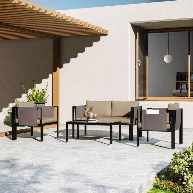 Outsunny 4 Piece Modern Garden Furniture Set with Tempered Glass Coffee Table in Beige and Brown