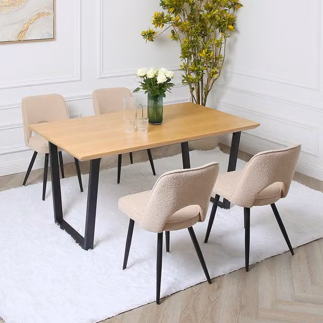 Home Garden Direct Oak Dining Table and 4 Thetis Boucle Chairs in Beige and Black