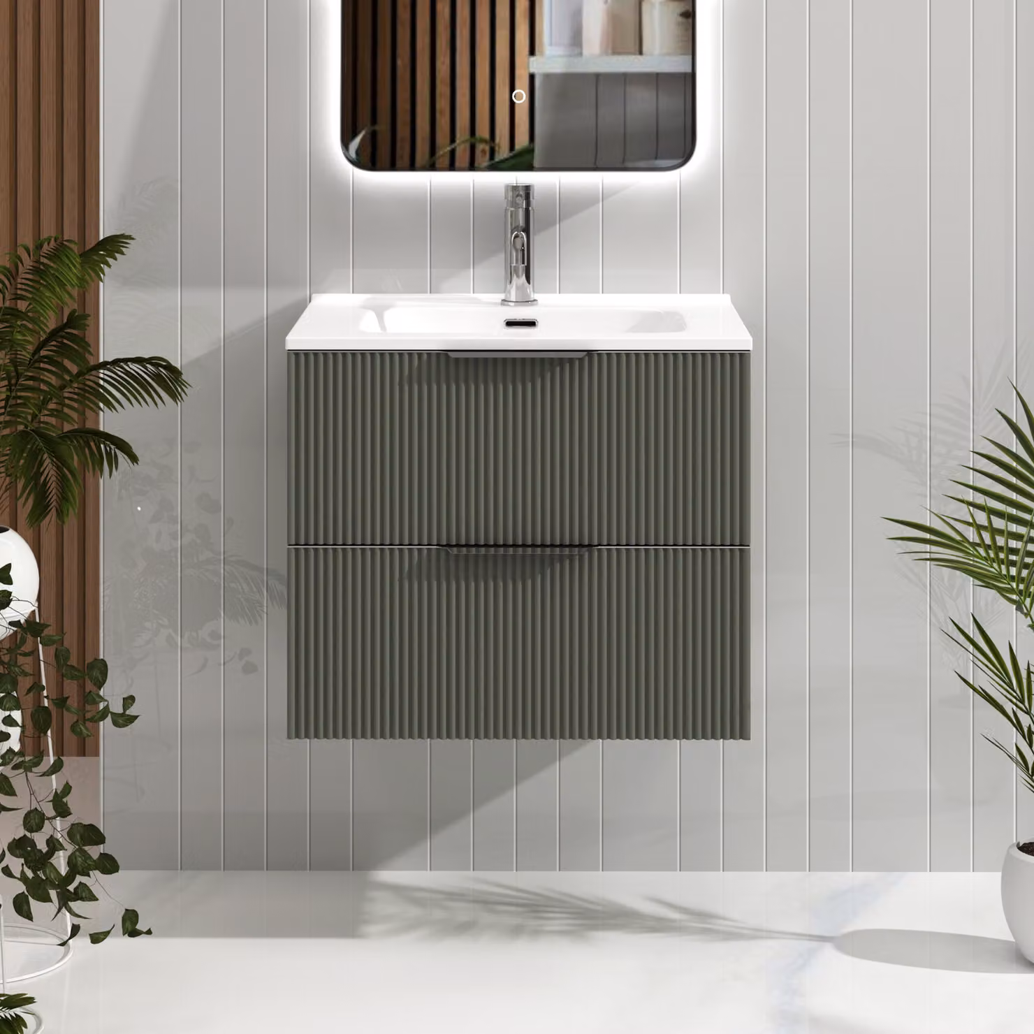 Royal Bathrooms Evora Wall Hung Vanity Unit with 2 Drawers and Ceramic Basin, Sage Green, W: 70 cm