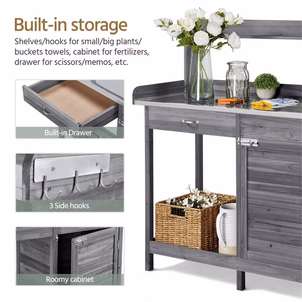 EONLION Grey Rustic Wood and Metal Garden Potting Bench Table, Width: 100 cm – 3