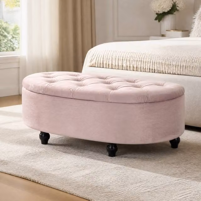 STILVORA Pink Velvet Ottoman Bench with Tufted Seat and Storage