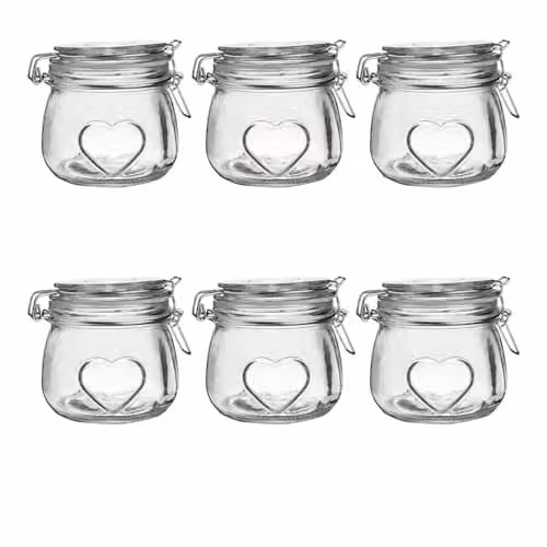 Nicola Spring Heart Shaped Glass Storage Jars with Airtight Clip Lid, 500ml, Pack of 6, Transparent