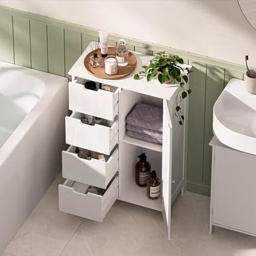 VonHaus Holbrook White Freestanding Bathroom Storage Cabinet with 4 Drawers and Adjustable Shelf – 2