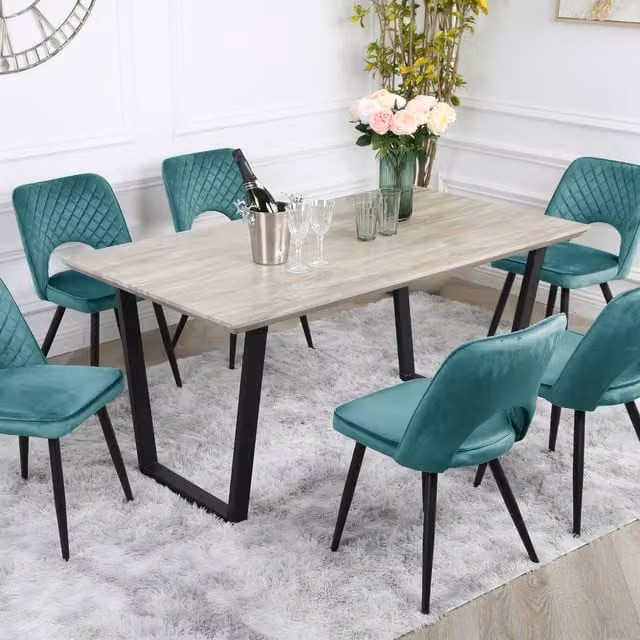 Home Garden Direct Modern Rectangular Wood-Effect Dining Table Set with 6 Metis Velvet Chairs in Dark Green and Black