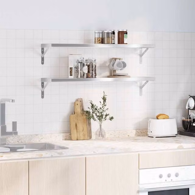 Berkfield Home Set of 2 Silver Stainless Steel Wall Mounted Shelves, W: 100 cm, D: 23.5 cm, H: 3 cm