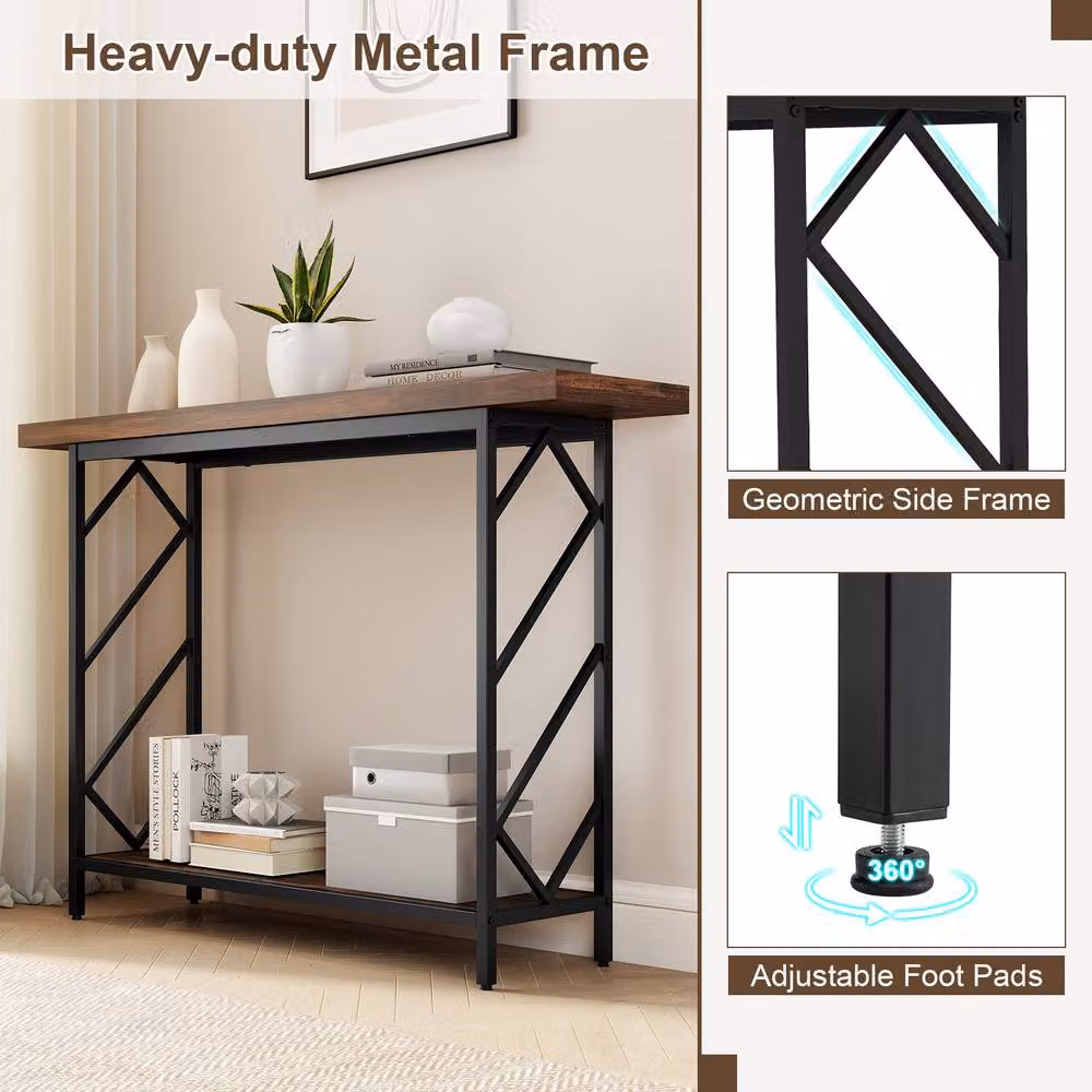 Costway Brown 2-Tier Narrow Industrial Console Table with Storage Shelf, W: 120 cm, H: 84.5 cm – 4