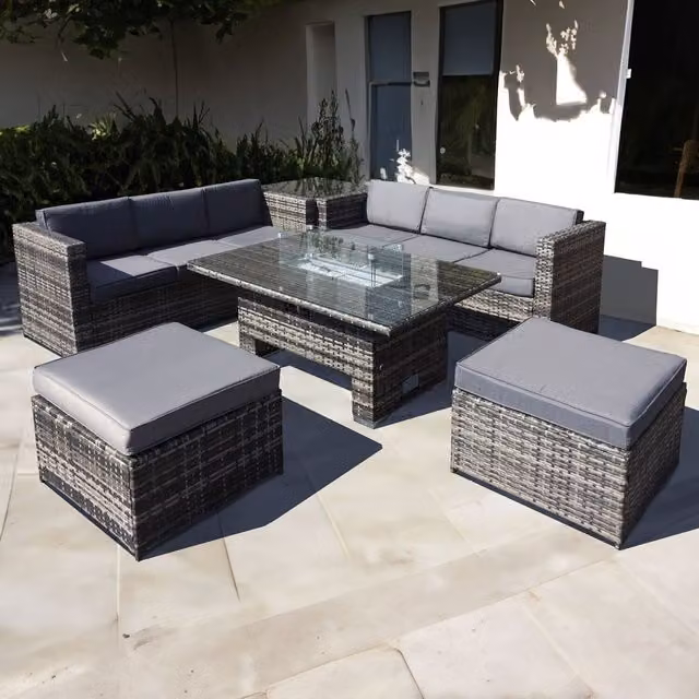 Oseasons Malta Rattan 8 Seat Rising Firepit Corner Set with Twin Stools in Walnut Grey