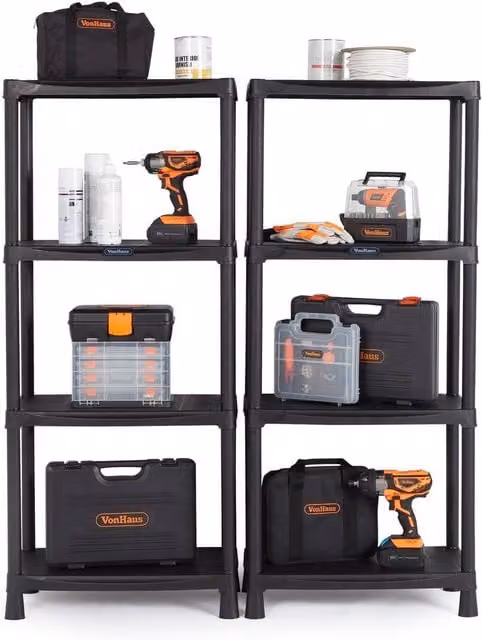 VonHaus 4 Tier Black Wall Mounted Garage and Garden Storage Shelving Units