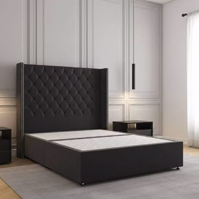 Regional Furnishings Luxury Small Double Divan Bed with 54 inch Plush Velvet Headboard in Black, W/D/H: 120 x 200 cm