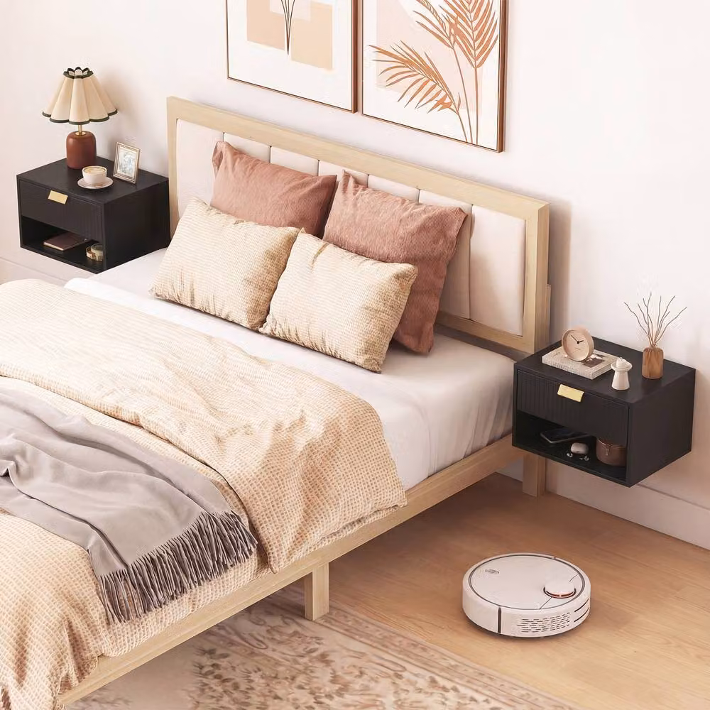 STILVORA Wall Mounted Nightstand Set with Fluted Drawer in Black – 3