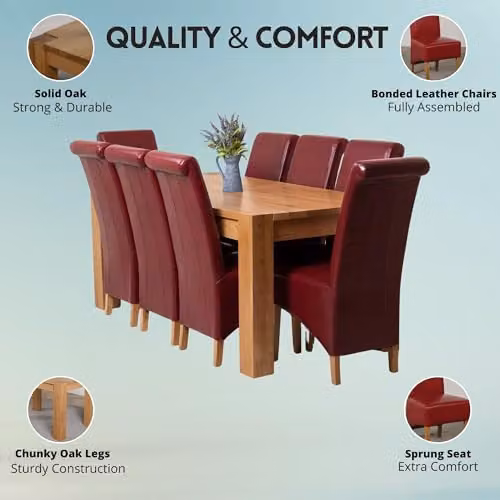 Thats Furniture Kuba 8 Seater Solid Oak Dining Set with Burgundy Leather Montana Chairs, W: 180 cm, D: 90 cm – 2