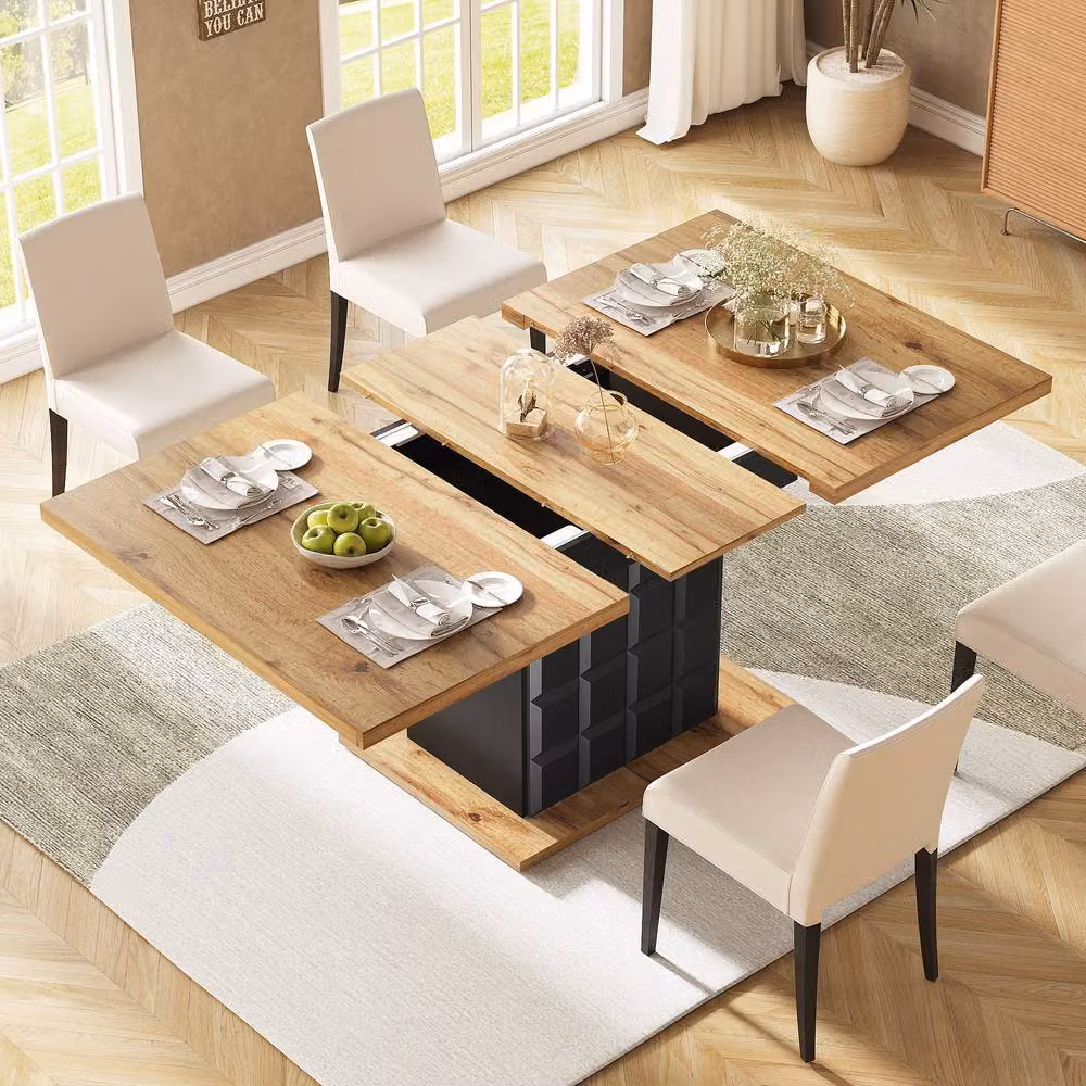 BTM Extendable Rectangular Dining Table with Checked Pattern in Beige and Sand, W/D/H: 110 x 60 x 75 cm (Extends to 140 cm) – 2