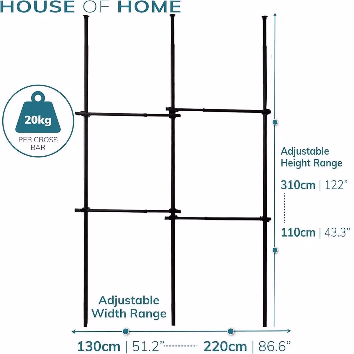House of Home Double Wardrobe Telescopic Clothes Rail in Matt Black, Height: 130 cm, Width: 120 cm – 2