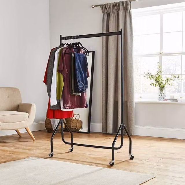 House of Home Heavy Duty Metal Clothes Rail with Wheels in Black, Width: 90 cm