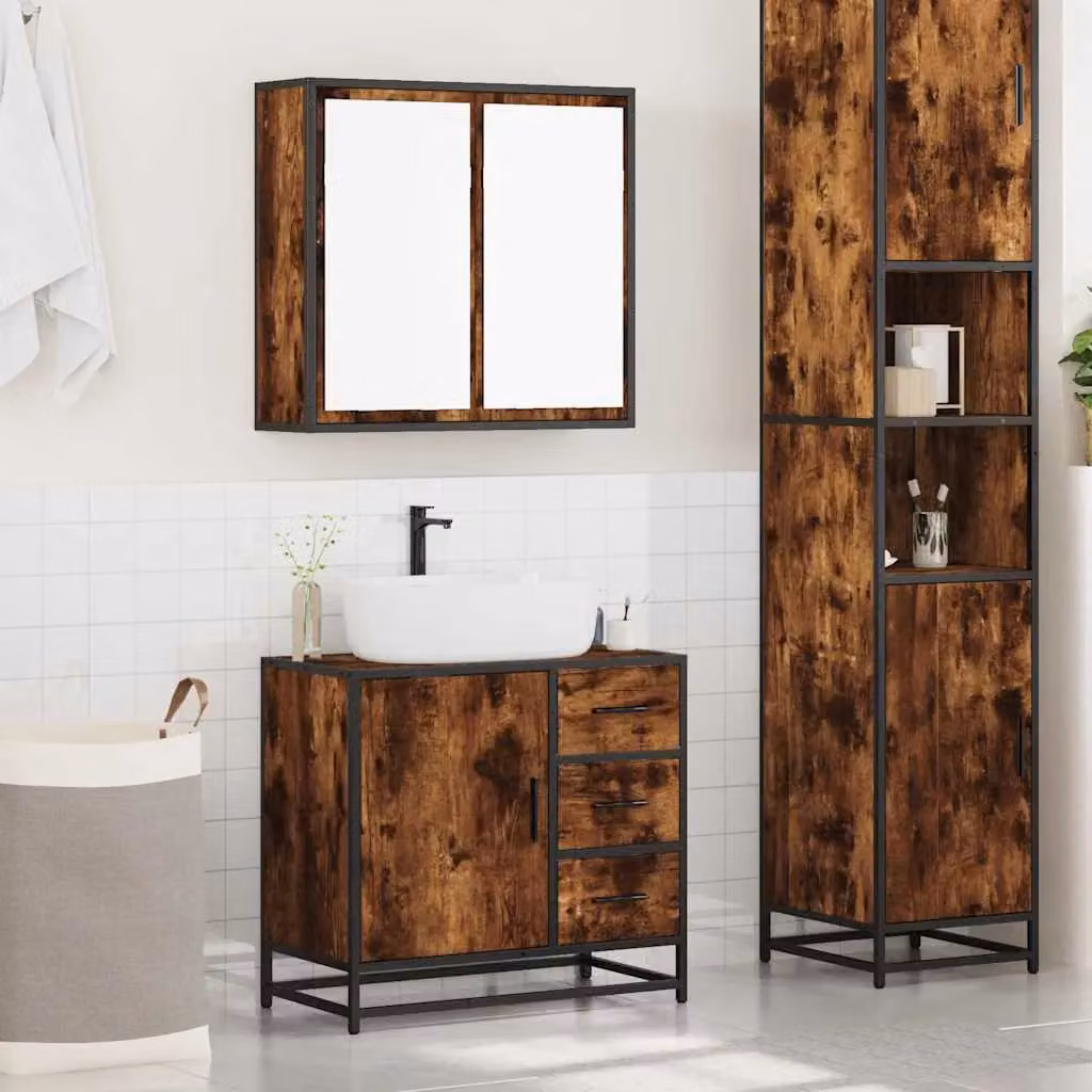 Berkfield Home 2 Piece Industrial Bathroom Furniture Set with Vanity Unit and Mirror Cabinet in Smoked Oak Brown – 3