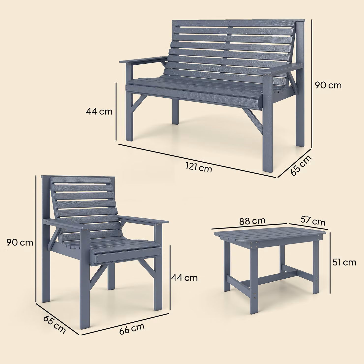 Outsunny 4 Piece Grey Wooden Garden Furniture Set with 2 Seater Sofa, 2 Armchairs and Coffee Table – 3