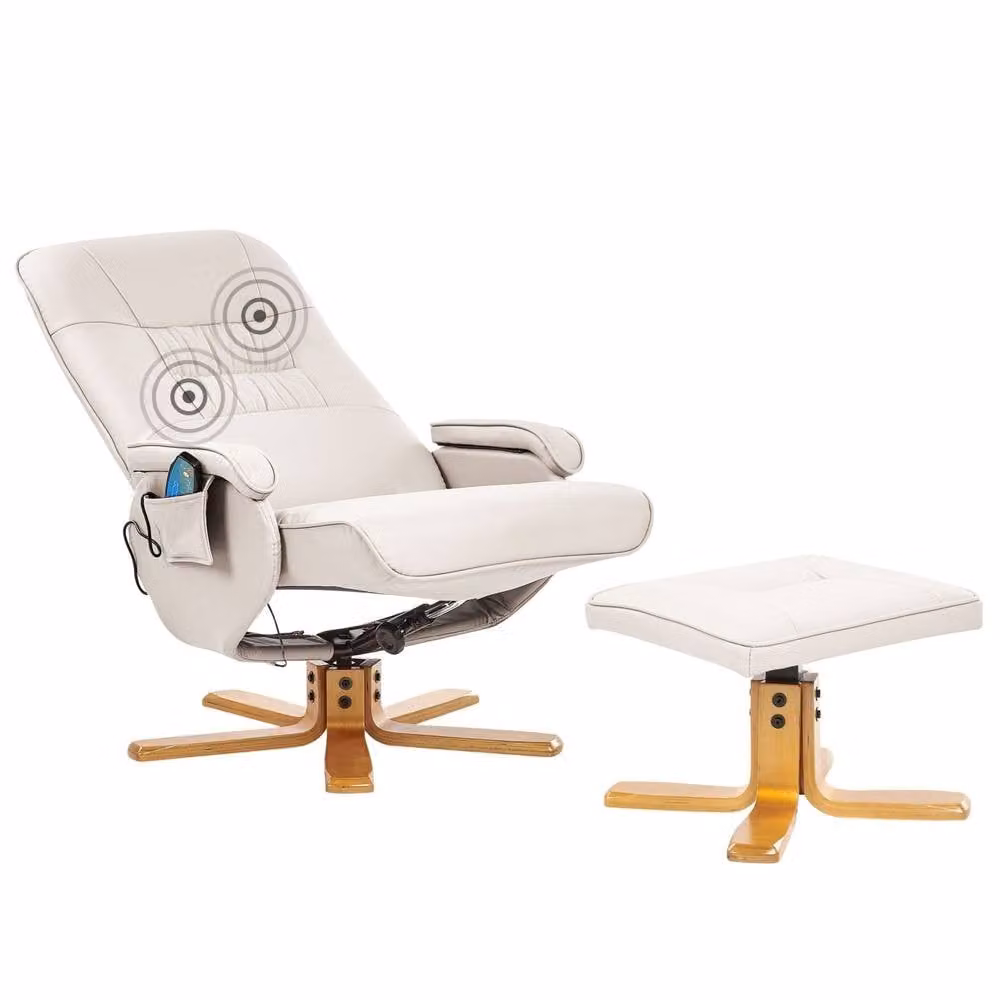Wyld and Coco Beige Faux Leather Recliner Armchair with Heated Massage Footrest and Ottoman – 2
