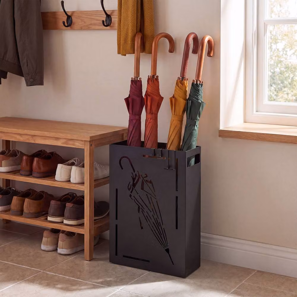 Gymax Metal Cutout Umbrella Stand with 4 Hanging Hooks and Removable Tray, Black – 5