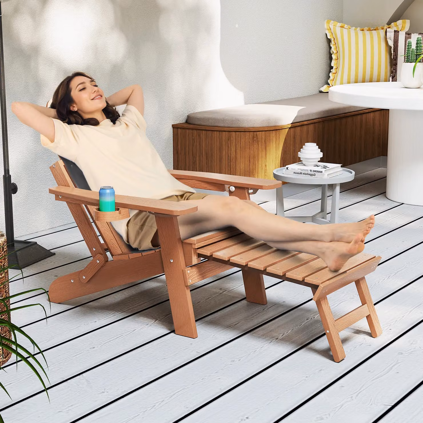 Costway Brown HIPS Garden Lounge Adirondack Chair with Retractable Footrest – 2