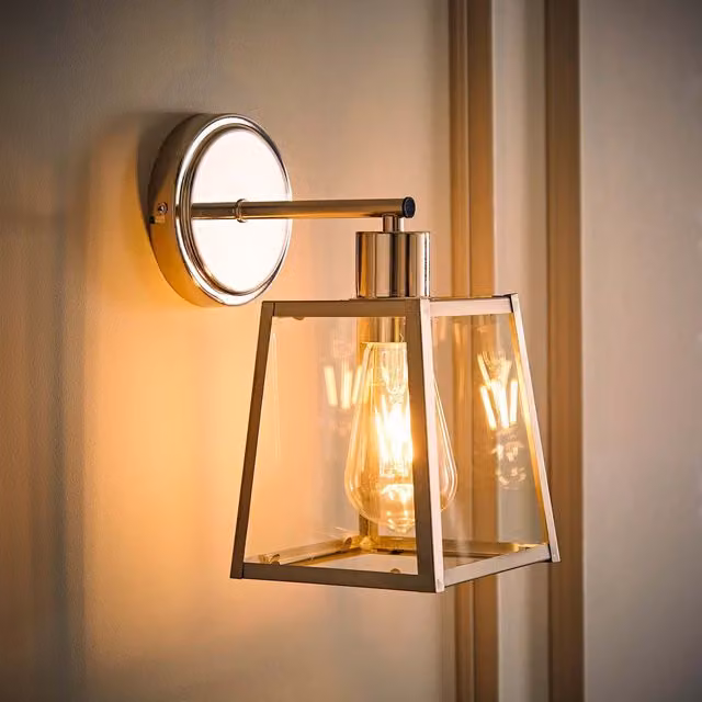 ValueLights Susie Glass Lantern Single Arm Wall Light in Chrome and Transparent Glass
