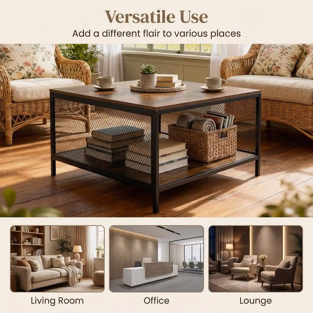 Gymax Industrial Square 2-Tier Coffee Table with Storage Shelf in Brown – 2