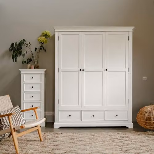 Statement Furniture Gainsborough Triple Wardrobe in White with 3 Doors, 3 Drawers, Internal Shelves and Hanging Rod, H 200 cm x W 160 cm x D 62 cm – 1