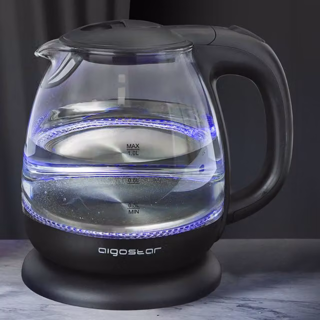 Aigostar Black Glass and Stainless Steel Kettle with Auto Shut-off