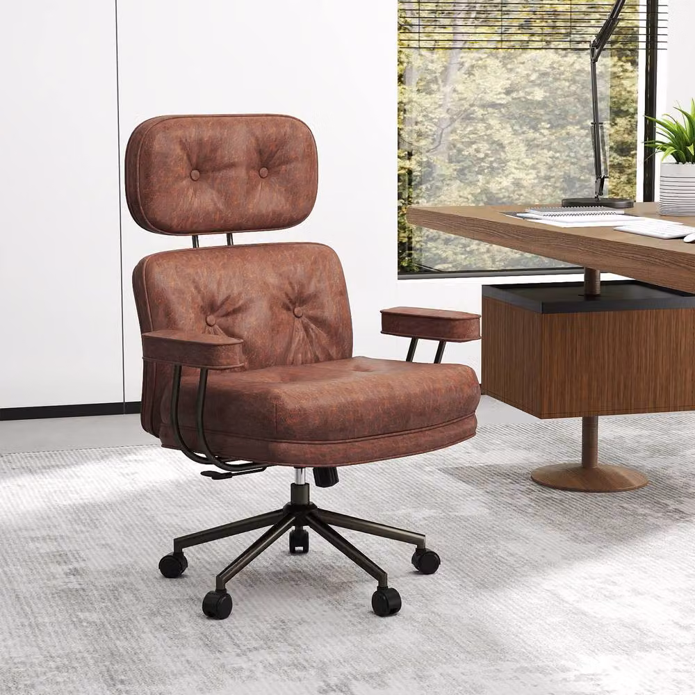 Gymax Brown Suede Fabric Home Office Task Chair with Headrest, Armrests and Swivel Castors – 9