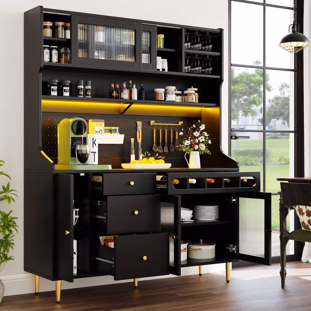 Rolipo Black Matt Highboard Storage Cabinet with Glass Sliding Doors, Integrated LED Lights and Wine Rack – 3