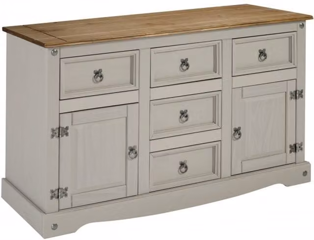 Mercers Furniture Corona Large 2 Door 5 Drawer Sideboard in Grey Waxed Solid Pine, W/D/H: 125 x 40 x 76 cm