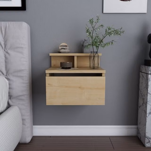 Decorotika Aleph Floating Bedside Table, Brown Wood, W/D/H: 39.6 x 31.7 x 34.8 cm