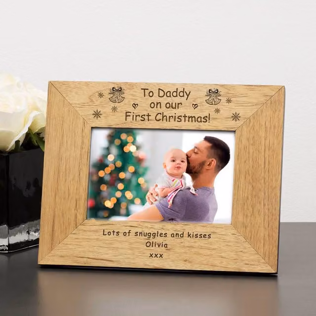 Uniqueful Personalised To Daddy On Our First Christmas Wood Photo Frame, Brown, W/H: 15 x 10 cm