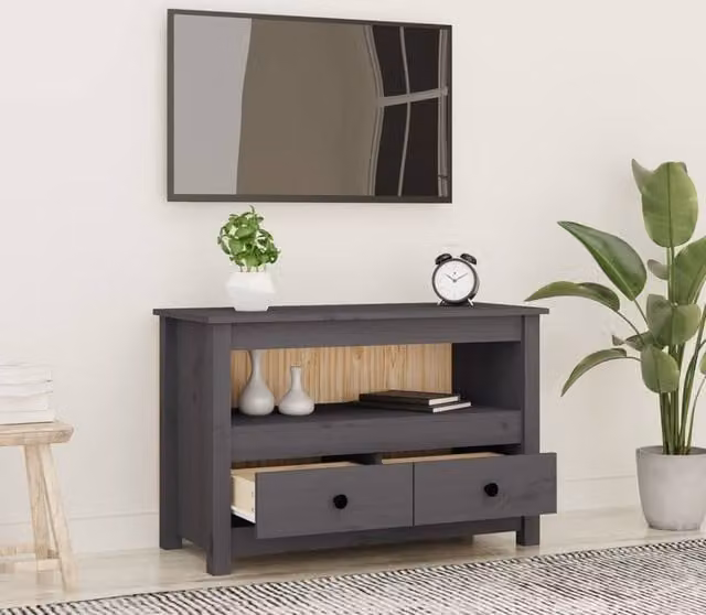 Berkfield Home Grey Modern TV Cabinet in Solid Pine Wood, W/D/H: 79 x 35 x 52 cm