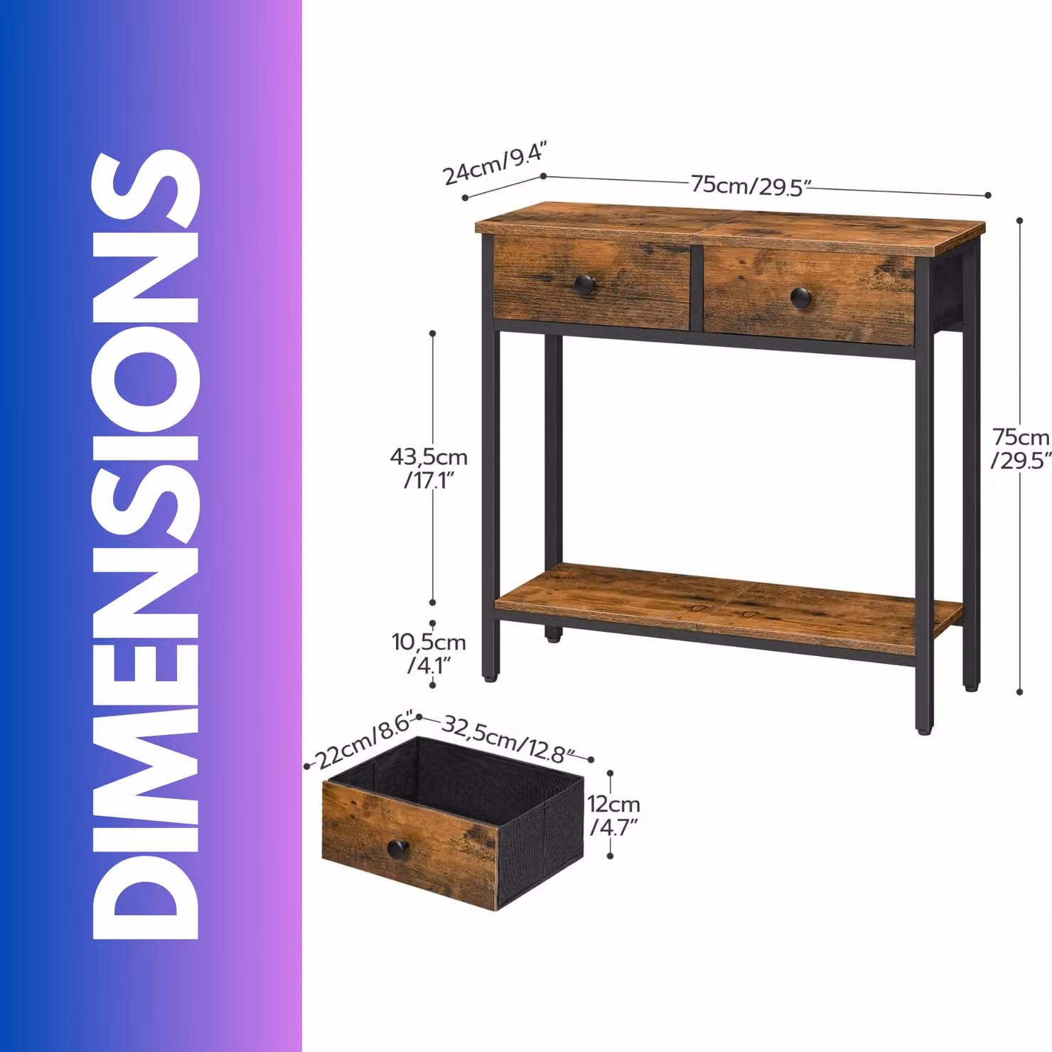 Rafaelo Mobilia Industrial 2 Tier Console Table with 2 Drawers in Brown and Black – 3
