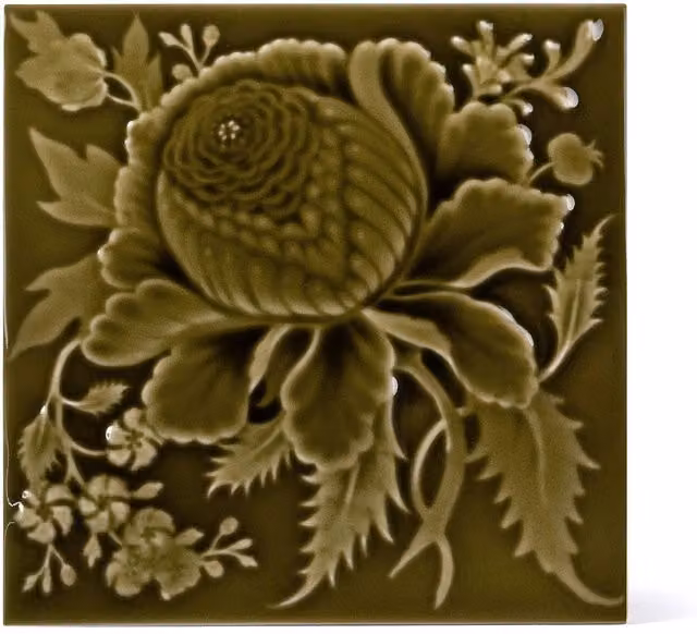 House of Hackney Artemis Rose Relief Ceramic Wall Tile, Moss Green, W/D/H: 15.24 x 15.24 x 2.0 cm