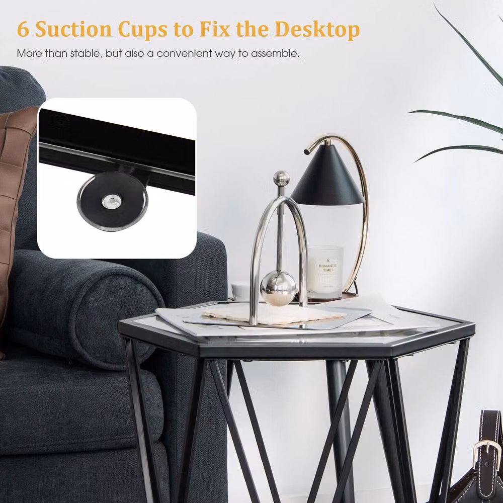 Costway Modern Hexagonal Glass Coffee Table with Black Metal Frame – 5
