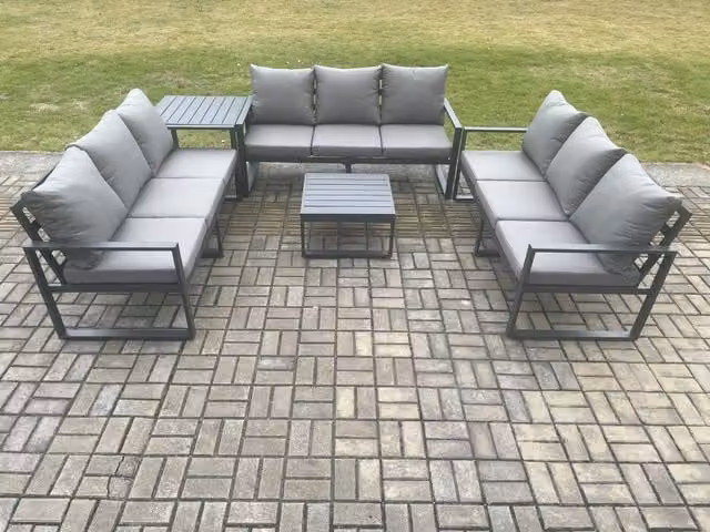 Fimous 9 Seater Aluminium Outdoor Garden Furniture Set in Anthracite Grey with L-Shape Sofa, Coffee Table and Side Table