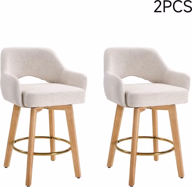 Livingandhome Set of 2 Modern Swivel Chenille Upholstered Bar Stools with Wooden Legs in Beige