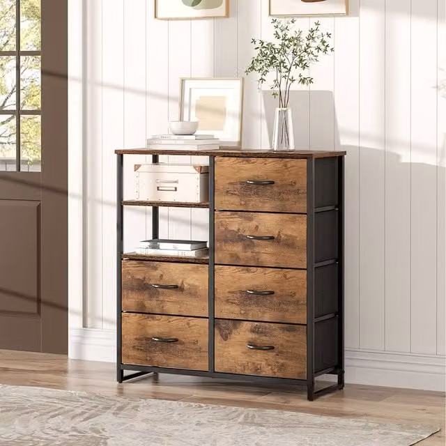 Komore Brown Industrial Wooden Storage Cabinet with Doors, Drawers and Internal Shelves