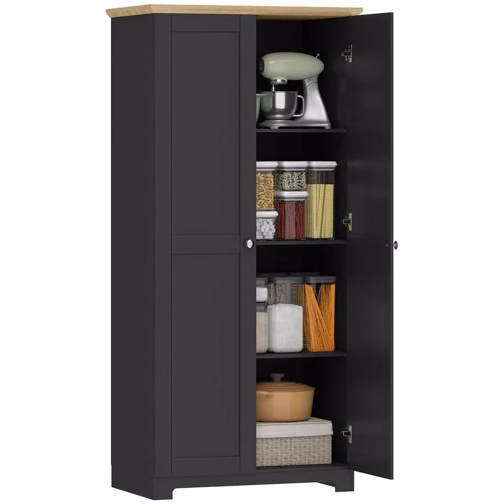 HOMCOM Black Modern Tall Freestanding Kitchen Cupboard and Pantry with 2 Hinged Doors and Internal Shelves, H 172 x W 80 x D 48 cm – 2