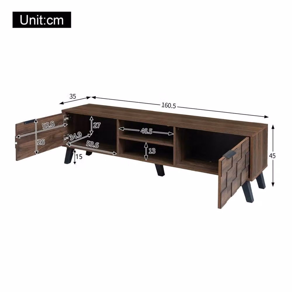 ERGOVEXA Minimalist Wood TV Cabinet in Brown with 2 Doors and Open Shelves, Width: 160 cm – 2