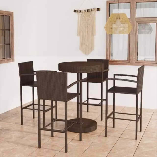 Berkfield Home 5 Piece Brown Poly Rattan Garden Bar Set with Round Table and Chairs – 1