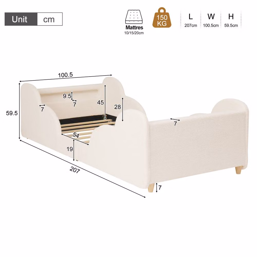 ModernLuxe Kids Bouclé Upholstered Single Bed with LED Headboard and Safety Rails in Beige, W/D/H: 90 x 190 x 100.5 cm – 2